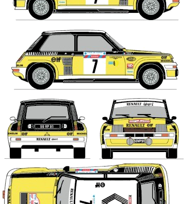Renault 5 Turbo (1982) - Рено - чертежи, габариты, рисунки автомобиля