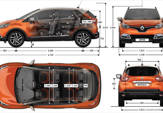 Renault Captur (2013) - Рено - чертежи, габариты, рисунки автомобиля