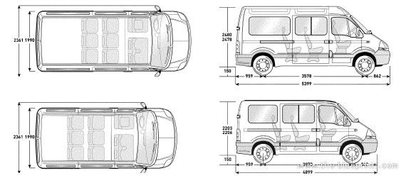 Renault Master Seater Combi, seater minibus, long bus (2007) - Рено - чертежи, габариты, рисунки автомобиля