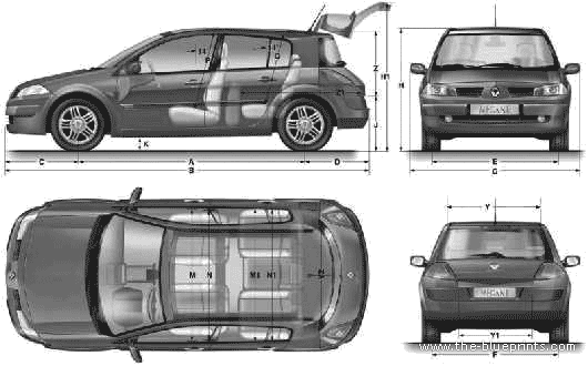 Renault Megane II 5-Door (2007) - Рено - чертежи, габариты, рисунки автомобиля