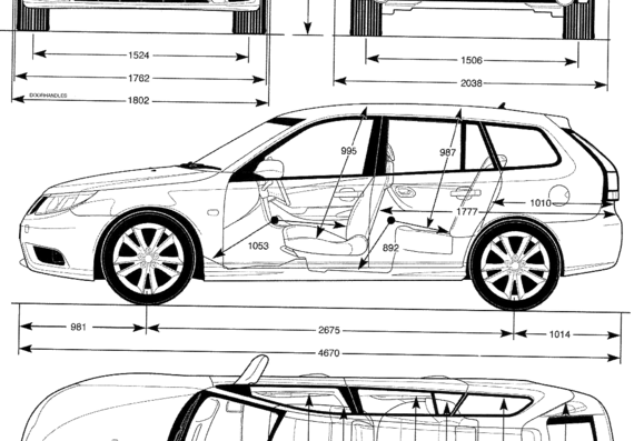 Saab 9-3 (2008) - Сааб - чертежи, габариты, рисунки автомобиля