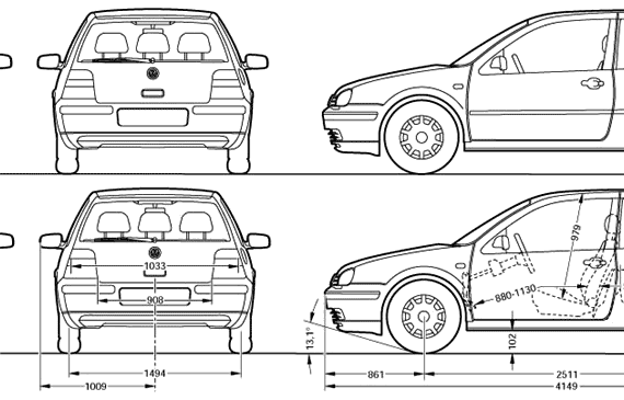 Volkswagen Golf Mk. 4 (3-door) - Фольцваген - чертежи, габариты, рисунки автомобиля