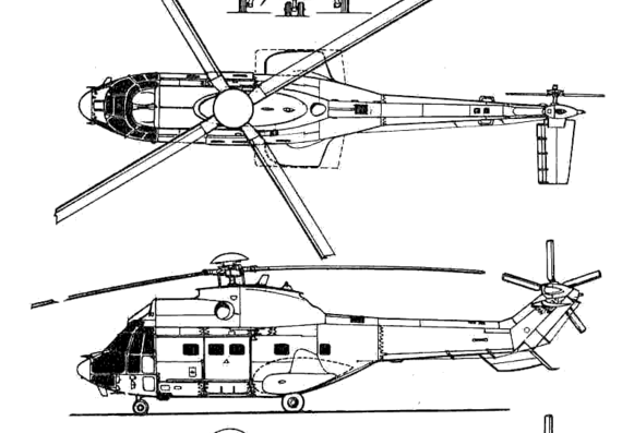 Вертолет Aerospatiale AS 332 Super Puma - чертежи, габариты, рисунки