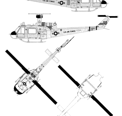 Вертолет Bell 204 UH-1F Huey - чертежи, габариты, рисунки