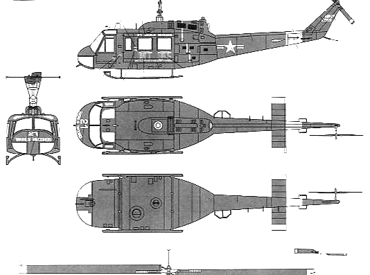 Вертолет Bell 205 UH-1D Huey - чертежи, габариты, рисунки