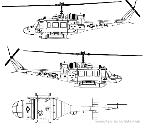 Вертолет Bell 205 UH-1N Huey Gunship - чертежи, габариты, рисунки