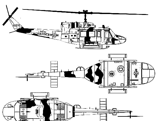 Вертолет Bell 212 UH-1N Huey Gunship - чертежи, габариты, рисунки