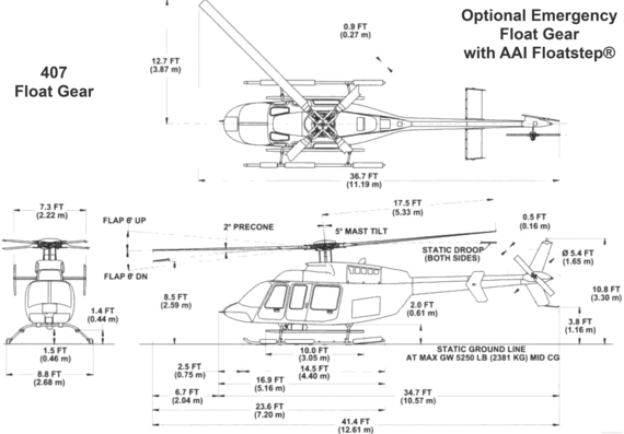 Вертолет Bell 407 Float Gear - чертежи, габариты, рисунки