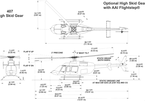 Вертолет Bell 407 High Skid Gear - чертежи, габариты, рисунки