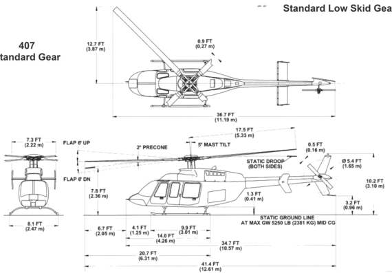 Вертолет Bell 407 Standard Gear - чертежи, габариты, рисунки