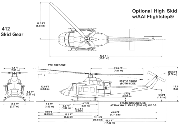 Вертолет Bell 412 High Skid Gear - чертежи, габариты, рисунки