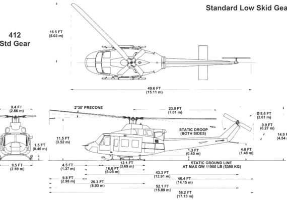 Bell 412 Standard Gear helicopter - drawings, dimensions, figures