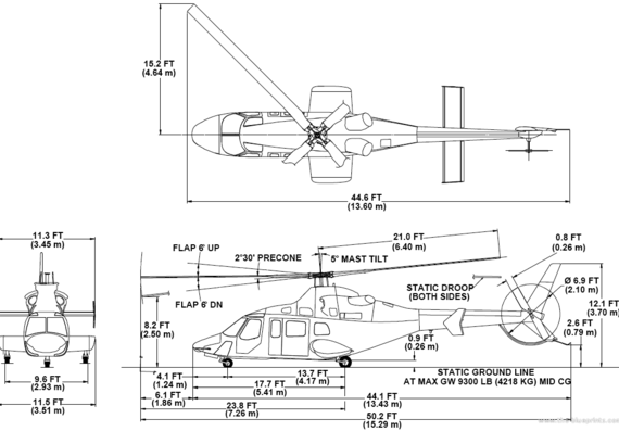 Вертолет Bell 430 Wheel Gear - чертежи, габариты, рисунки