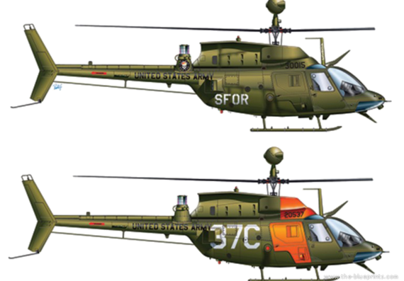 Bell OH-58D Kiowa 206 helicopter - drawings, dimensions, figures