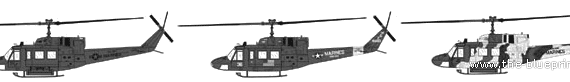 Bell UH-1N Huey Gunship helicopter - drawings, dimensions, figures