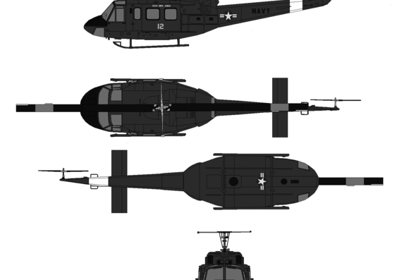 Вертолет Bell UH 1N Iroquois - чертежи, габариты, рисунки