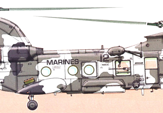 Вертолет Boeing-Vertol CH-46E Sea Knight - чертежи, габариты, рисунки