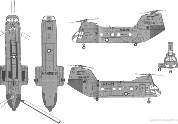 Вертолет Boeing-Vertol CH-46E Sea Knight Tiger - чертежи, габариты, рисунки