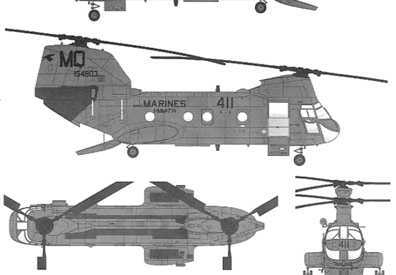 Вертолет Boeing-Vertol CH-46F Seaknight - чертежи, габариты, рисунки