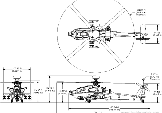 Вертолет Boeing AH-64 Longbow - чертежи, габариты, рисунки