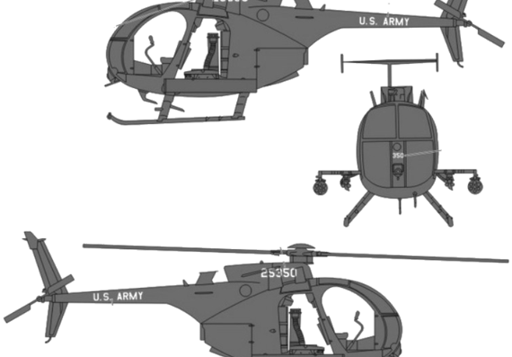 Вертолет Hughes MD-500D AH-6F Defender - чертежи, габариты, рисунки