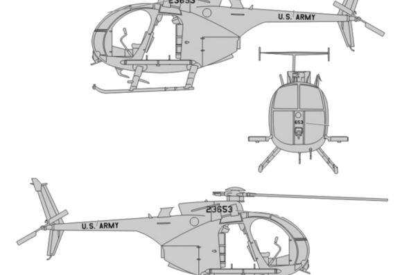 Вертолет Hughes MD-500D MH-6E Little Bird - чертежи, габариты, рисунки