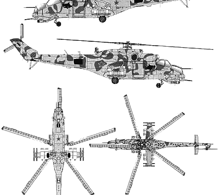 Вертолет Mil Mi-24V Hind-E - чертежи, габариты, рисунки