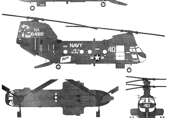 Вертолет Vertol CH-46D Seaknight - чертежи, габариты, рисунки