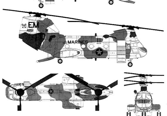 Вертолет Vertol CH-46E Seaknight - чертежи, габариты, рисунки