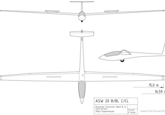 Самолет ASW 20 BL - чертежи, габариты, рисунки