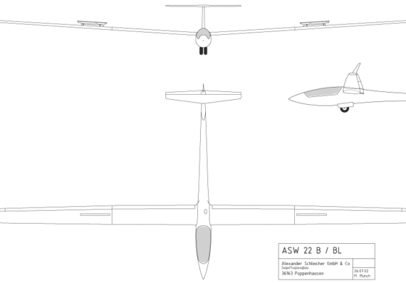 Самолет ASW 22 BL - чертежи, габариты, рисунки