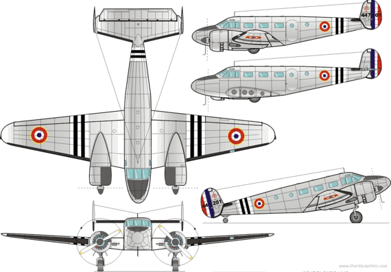 Самолет Beechcraft C-45 F - чертежи, габариты, рисунки