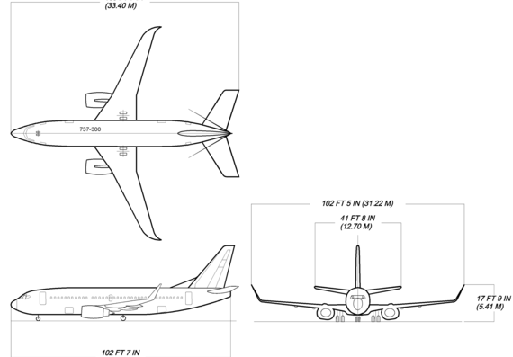 Самолет Boeing 737-300w - чертежи, габариты, рисунки