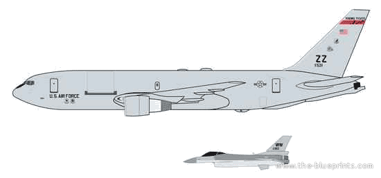 Самолет Boeing KC-46A + F-16C - чертежи, габариты, рисунки