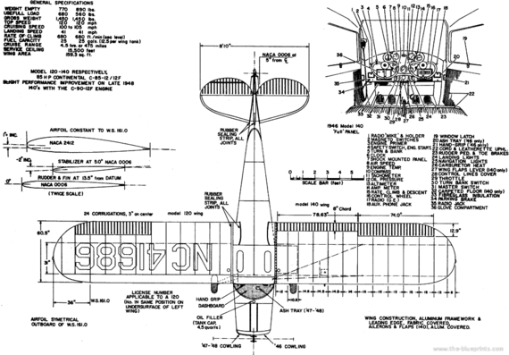 Cessna 140 aircraft - drawings, dimensions, figures