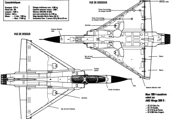 Самолет Dassault Mirage 2000B - чертежи, габариты, рисунки