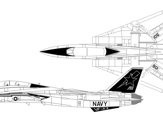 Самолет Grumman F-14C Tomcat - чертежи, габариты, рисунки