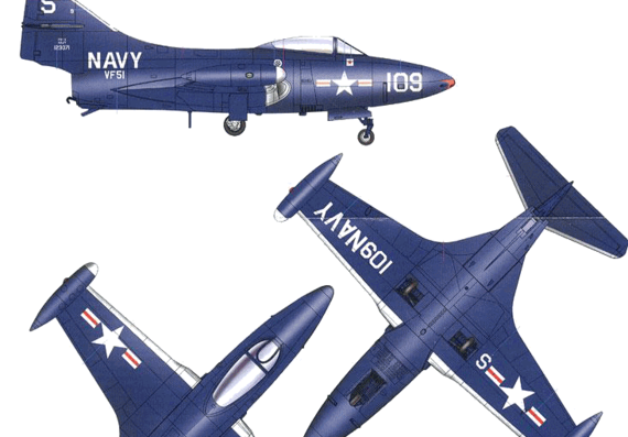 Самолет Grumman F9F-3 Panther - чертежи, габариты, рисунки