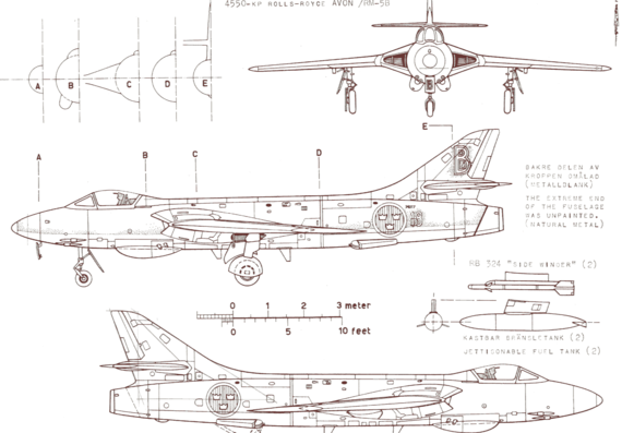 Самолет Hawker Hunter (J-34) - чертежи, габариты, рисунки