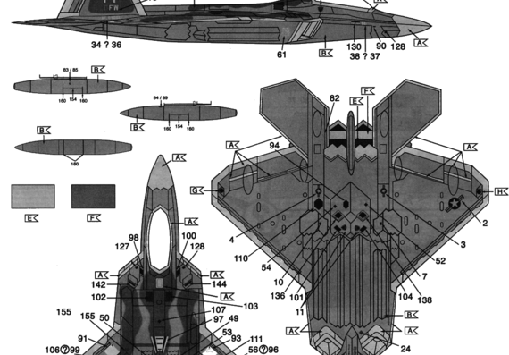 Самолет Lockheed-Martin F22-20A Raptor - чертежи, габариты, рисунки