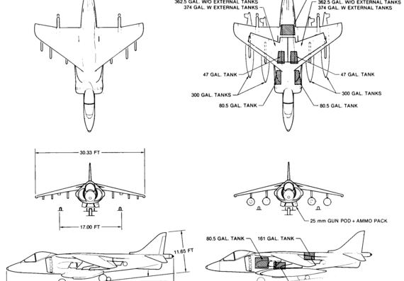 Самолет McDonnell Douglas AV-8B II - чертежи, габариты, рисунки