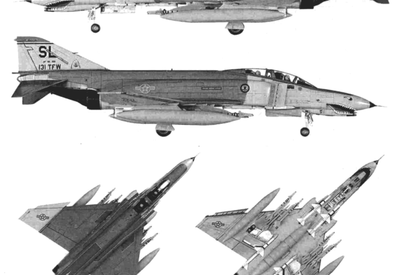 Самолет McDonnell Douglas F4E Phantom II - чертежи, габариты, рисунки