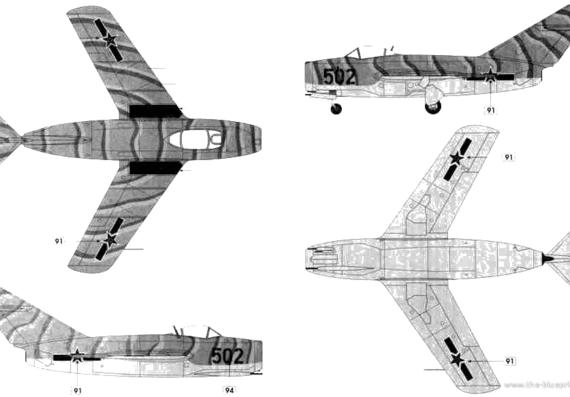 Самолет МИГ-15 bis - чертежи, габариты, рисунки