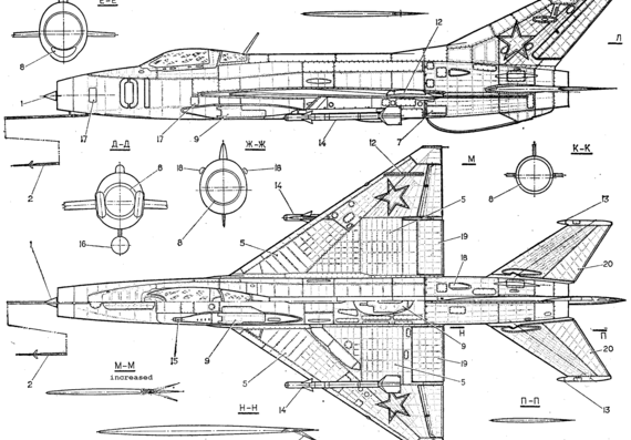 Самолет МИГ-21F-13 - чертежи, габариты, рисунки