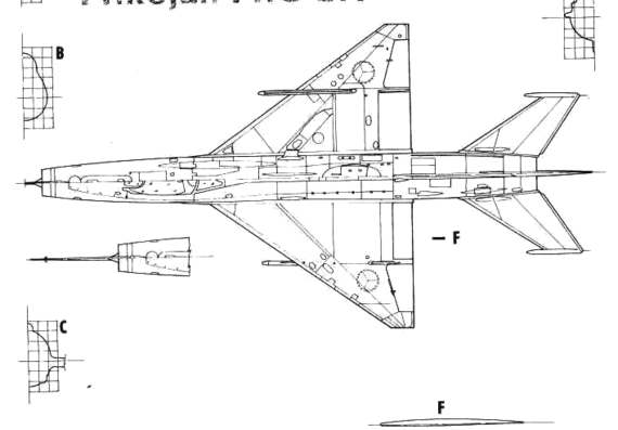 Самолет МИГ-21 Fishbad - чертежи, габариты, рисунки