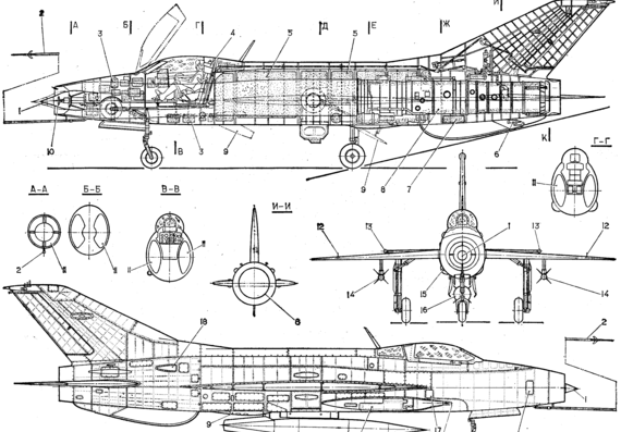 Самолет МИГ-21 (F-13) - чертежи, габариты, рисунки