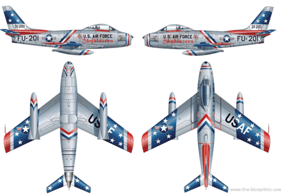 Самолет North American F-86F Sabre Jet - чертежи, габариты, рисунки