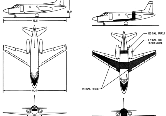 Самолет North American T-39D Sabreliner - чертежи, габариты, рисунки