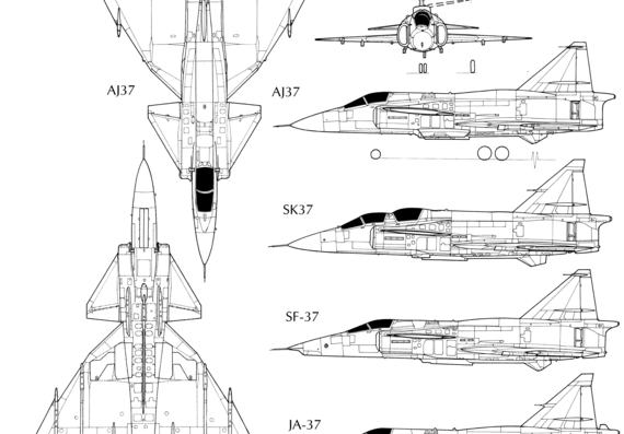 Самолет SAAB-37 Viggen - чертежи, габариты, рисунки