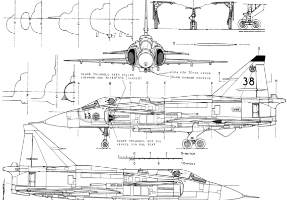 Самолет SAAB JA 37 Viggen - чертежи, габариты, рисунки